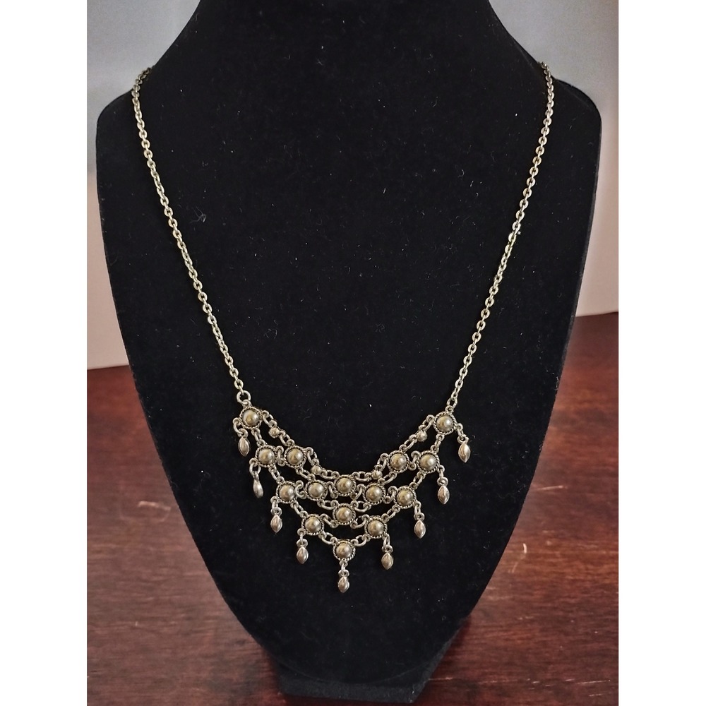 Vintage Style Silver Tone Tiered Bib Necklace Boho Dangle Bead Statement 20 Inch